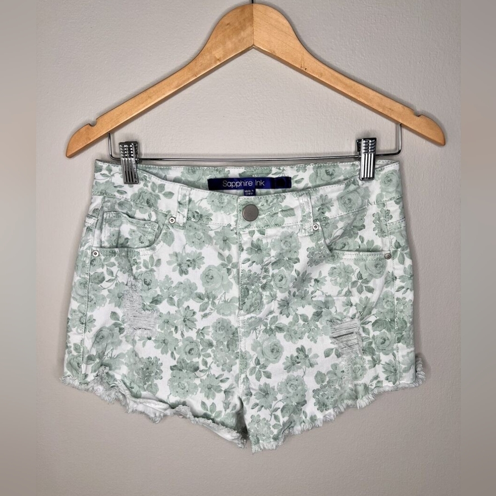 Sapphire Ink White Denim Green Floral Shorts